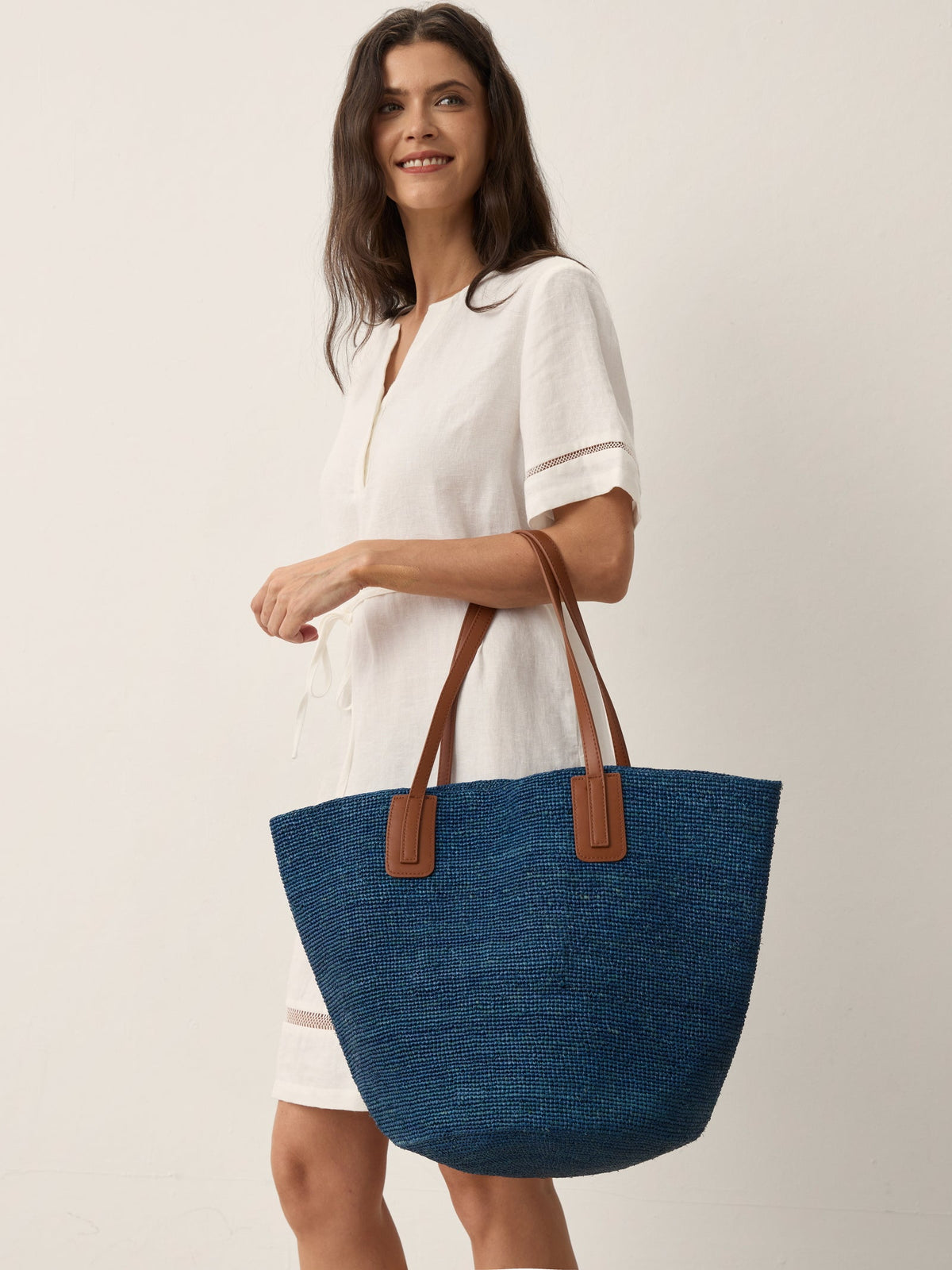 Handwoven Raffia Tote Bag With Leather Handles by LINTICO