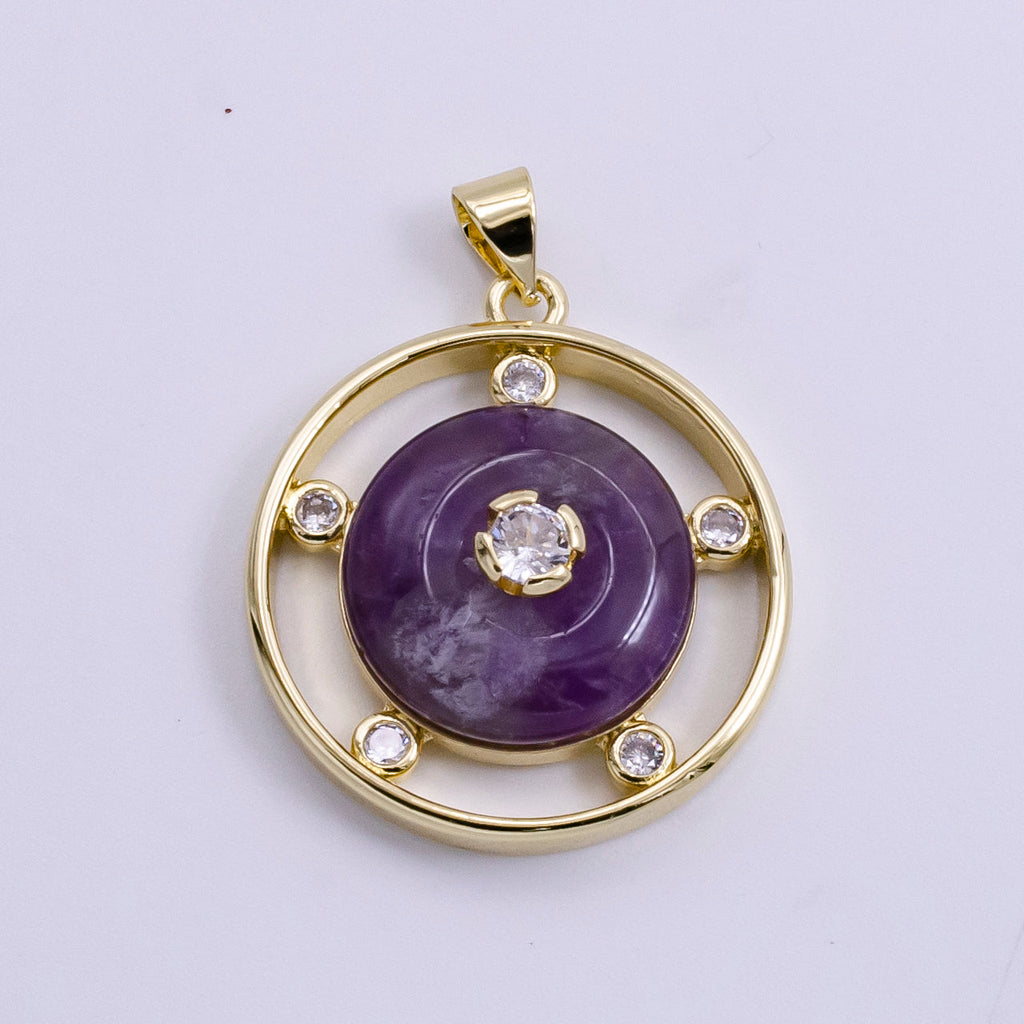 14K Gold Filled 30mm Clear Quartz, Rose Quartz, Amethyst CZ Open Round Pendant | AH055 - AH057 by DLUXCA