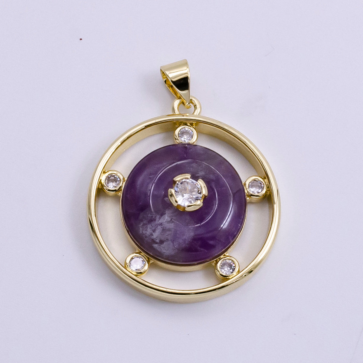 14K Gold Filled 30mm Clear Quartz, Rose Quartz, Amethyst CZ Open Round Pendant | AH055 - AH057 by DLUXCA