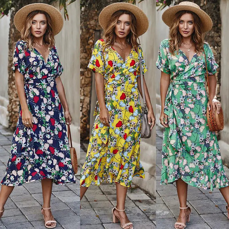 Women's Summer V-Neck Floral Beach Dress by Trendy Attic Store01