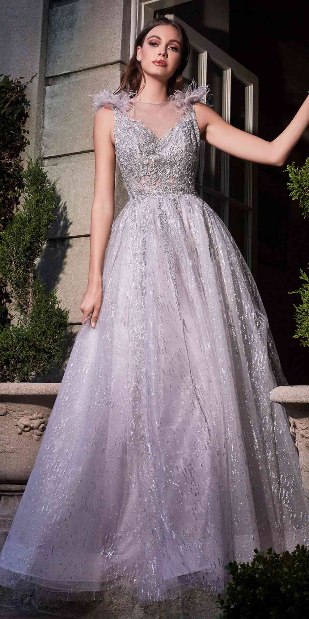 Cinderella Divine B704 Feathered Shoulder Tulle A-Line Ball Gown by DiscountDressShop
