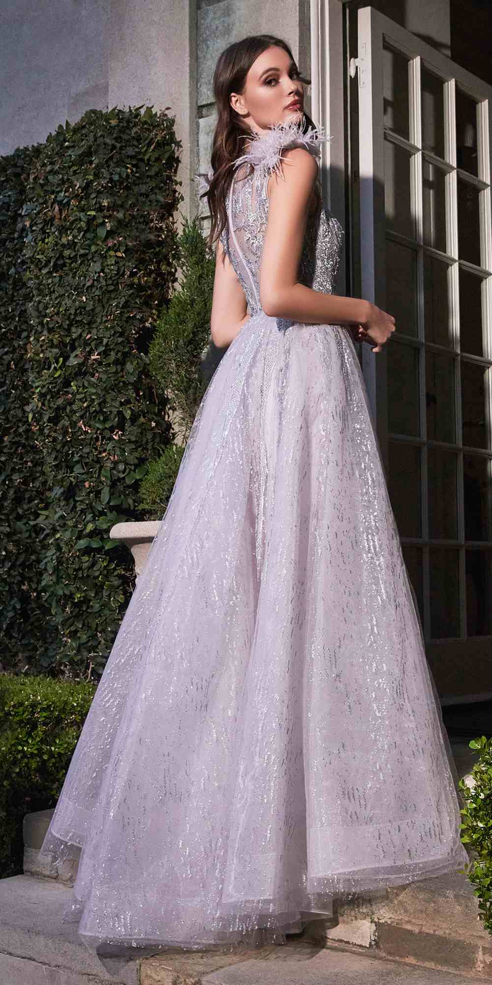 Cinderella Divine B704 Feathered Shoulder Tulle A-Line Ball Gown by DiscountDressShop