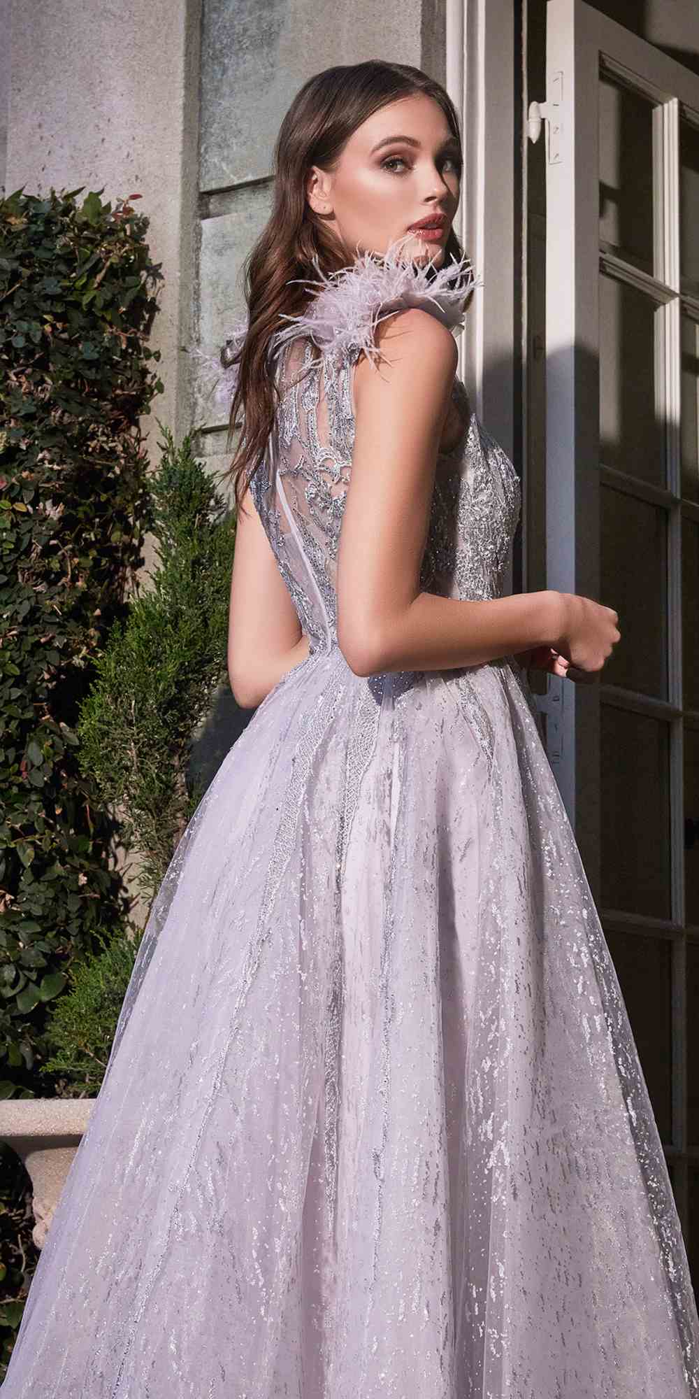 Cinderella Divine B704 Feathered Shoulder Tulle A-Line Ball Gown by DiscountDressShop