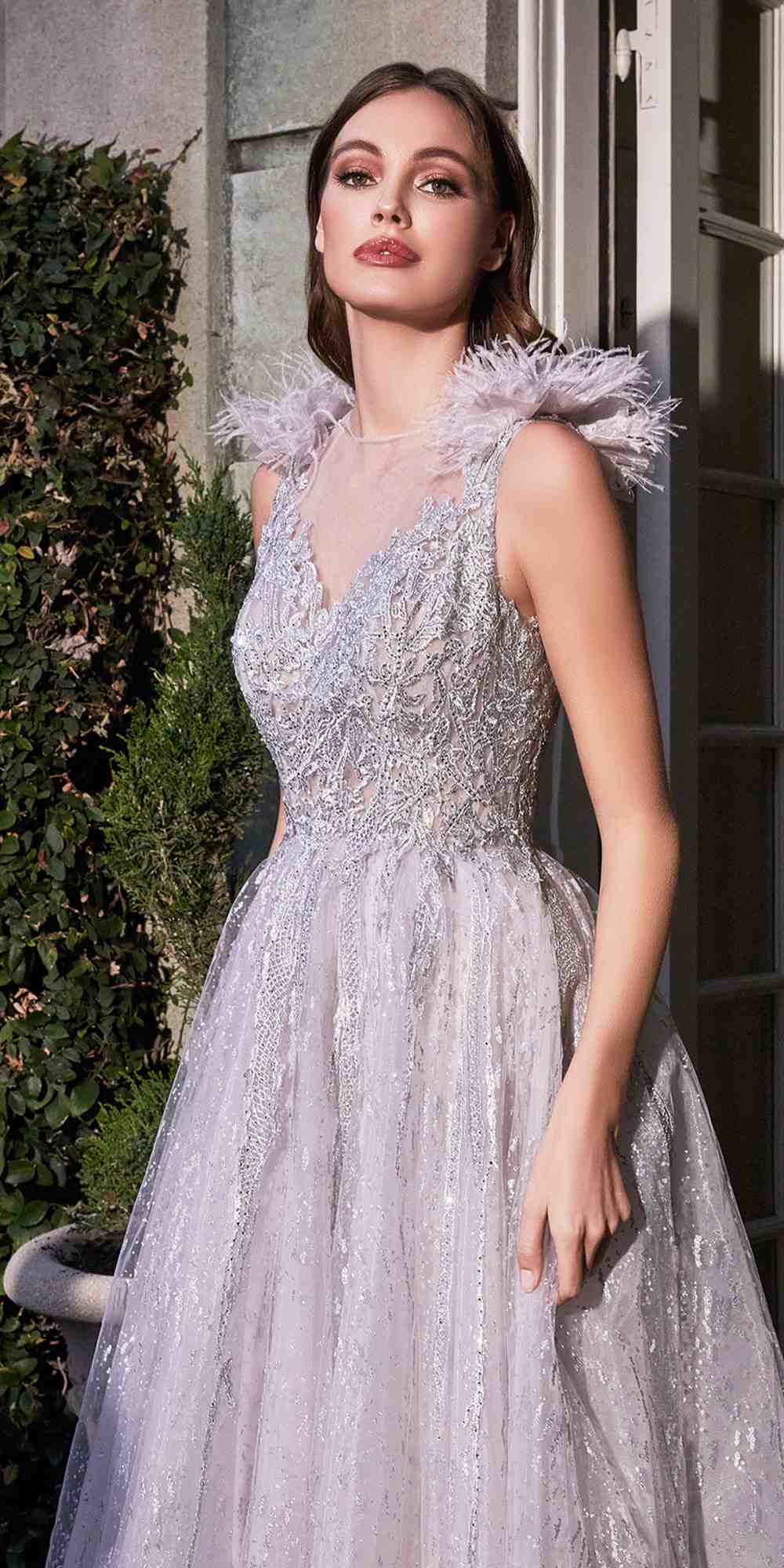 Cinderella Divine B704 Feathered Shoulder Tulle A-Line Ball Gown by DiscountDressShop