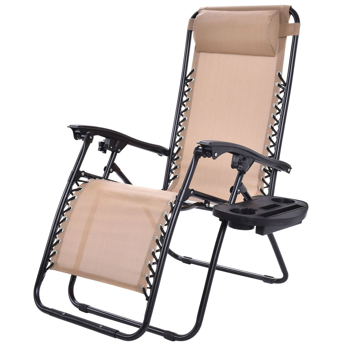 Set of 2 Beige Folding Outdoor Zero Gravity Lounge Chair Recliner by HomePacific
