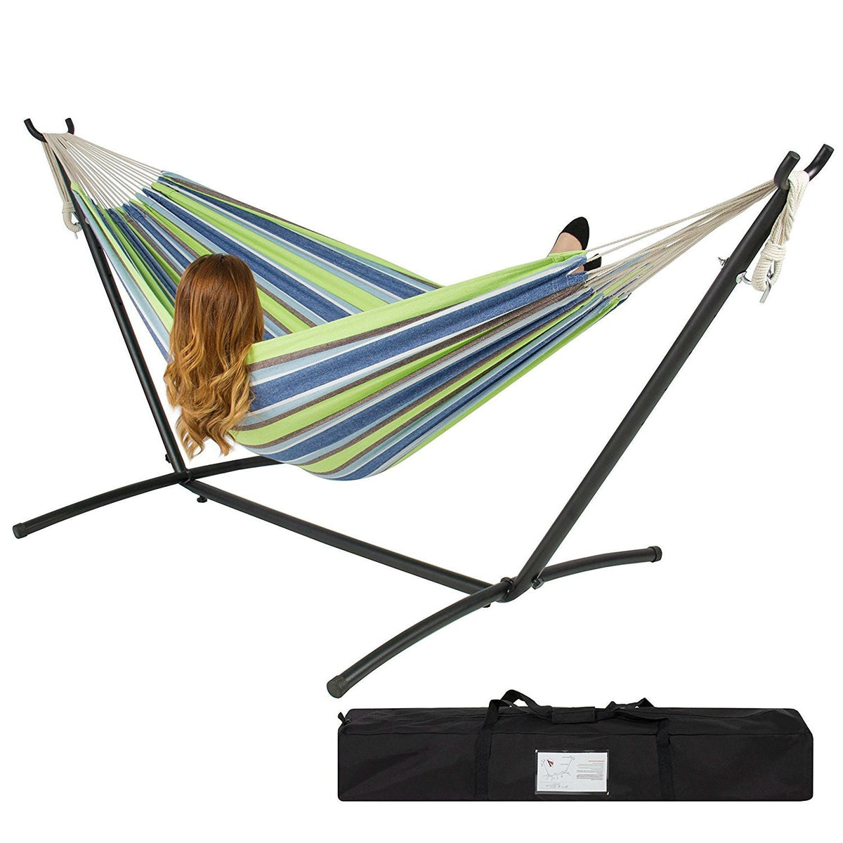 Portable Blue Green Stripe Cotton Hammock with Metal Stand and Carry Case by HomePacific