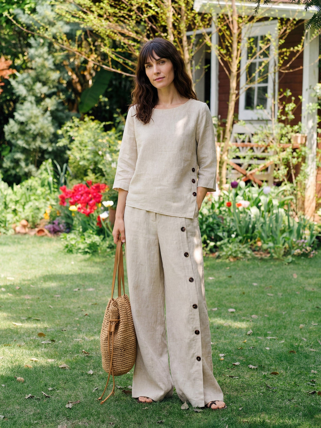 100% Linen Buttoned Slit-Hem Pants KATYA by LINTICO