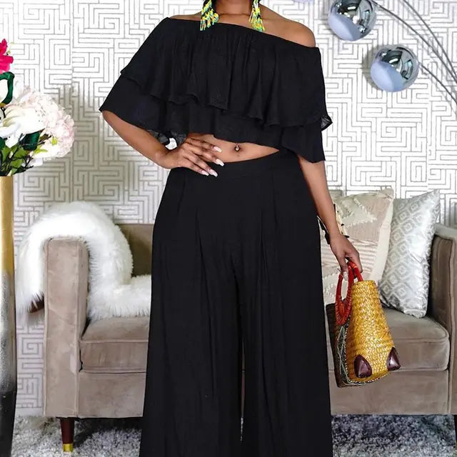 Plus Size 2 Piece Off Shoulder Crop Top & Wide Leg Pants by Trendy Attic Store01