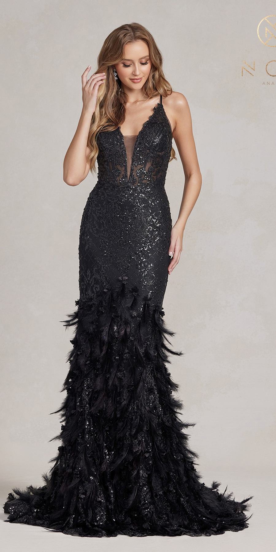 Nox Anabel C1111 Glitter Feather Skirt Mermaid Gown by DiscountDressShop