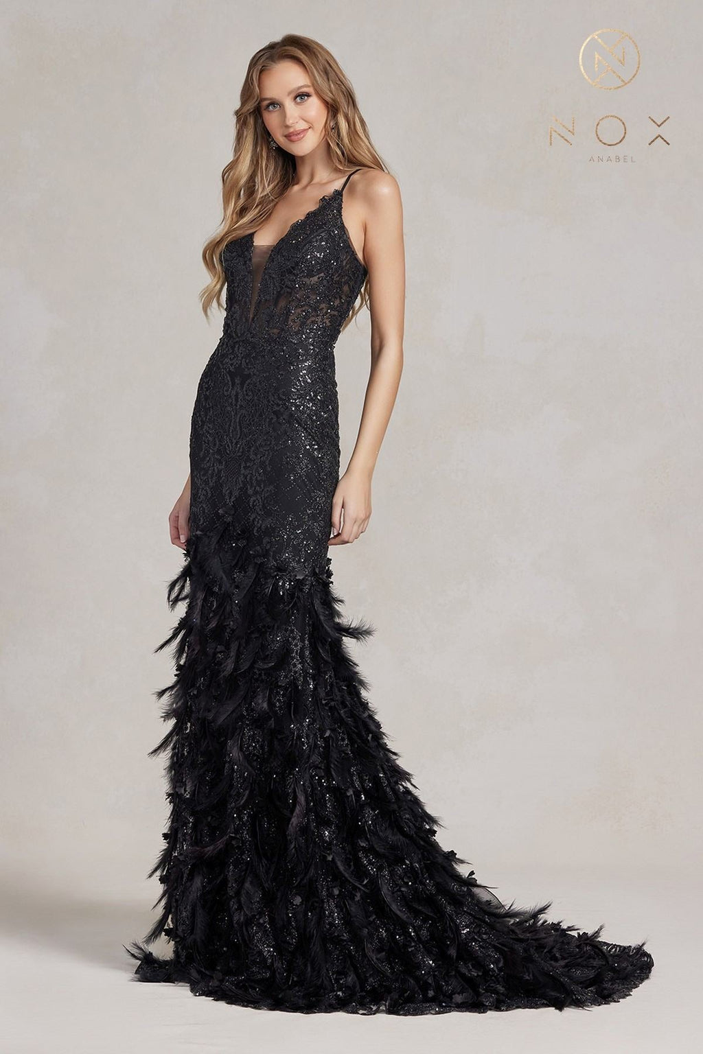 Nox Anabel C1111 Glitter Feather Skirt Mermaid Gown by DiscountDressShop