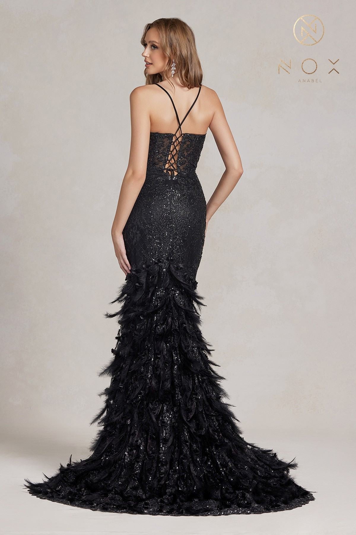 Nox Anabel C1111 Glitter Feather Skirt Mermaid Gown by DiscountDressShop