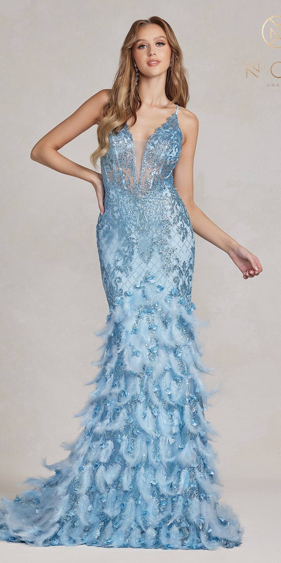 Nox Anabel C1111 Glitter Feather Skirt Mermaid Gown by DiscountDressShop