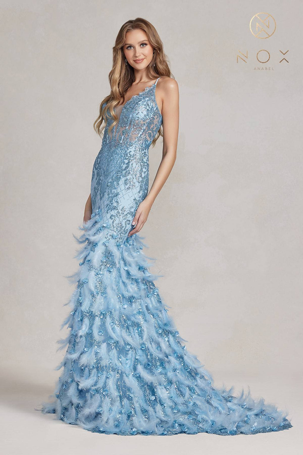 Nox Anabel C1111 Glitter Feather Skirt Mermaid Gown by DiscountDressShop
