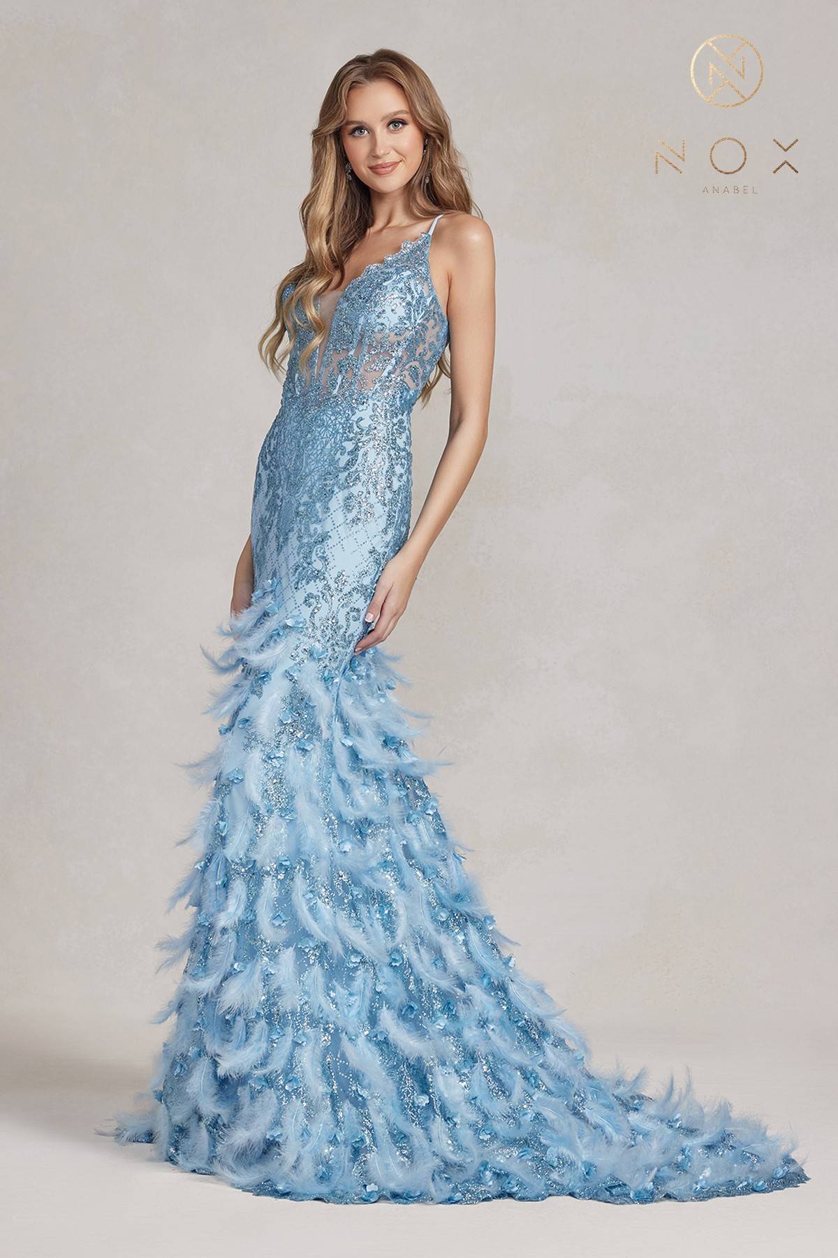 Nox Anabel C1111 Glitter Feather Skirt Mermaid Gown by DiscountDressShop