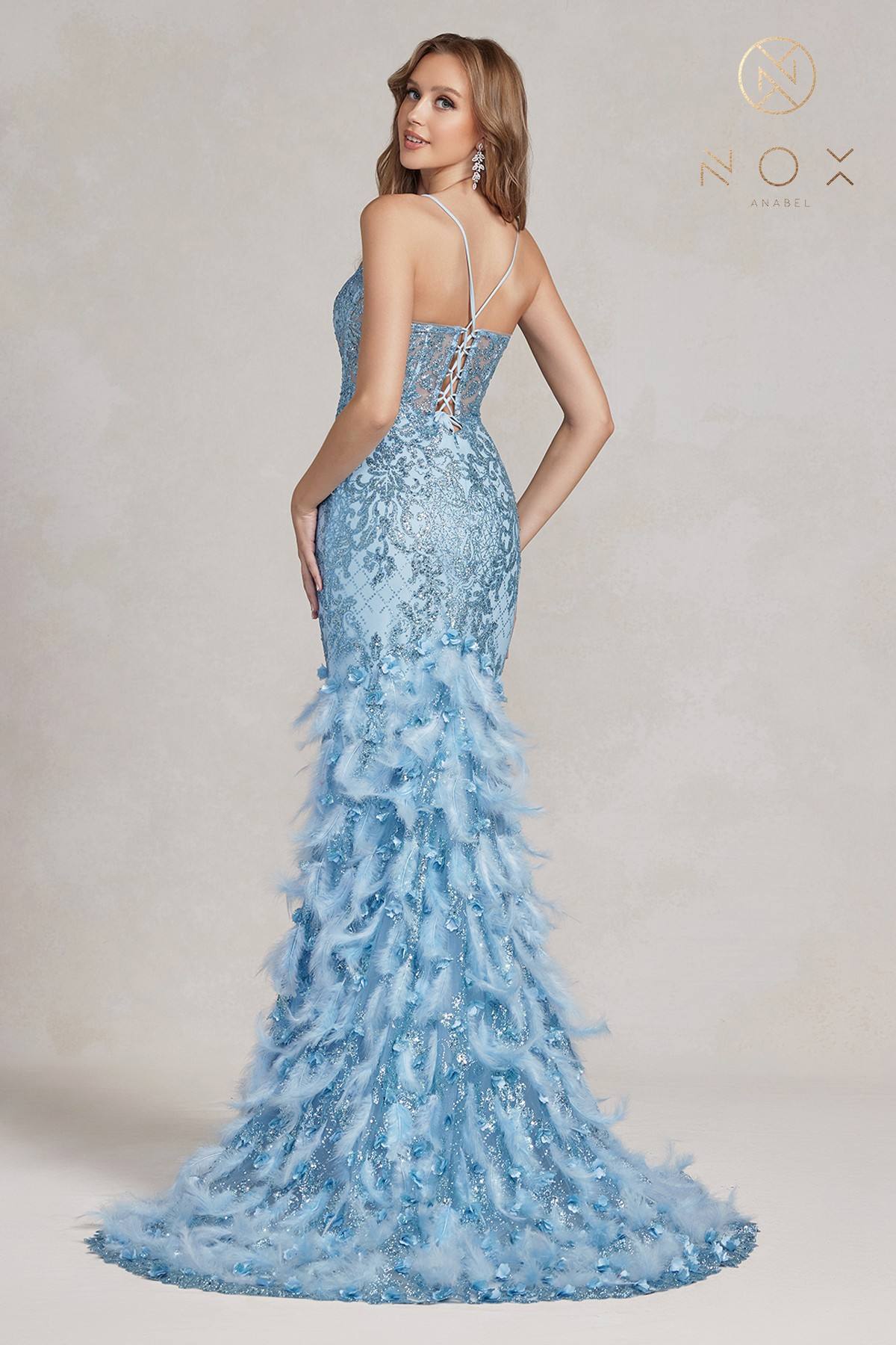 Nox Anabel C1111 Glitter Feather Skirt Mermaid Gown by DiscountDressShop