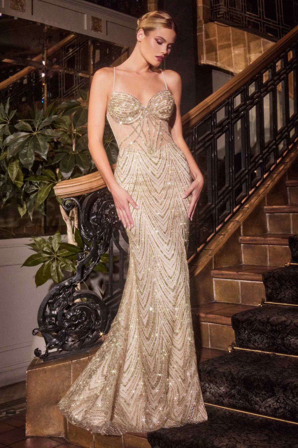 Ladivine C163 Dress Fitted Glitter Printed Gown by DiscountDressShop