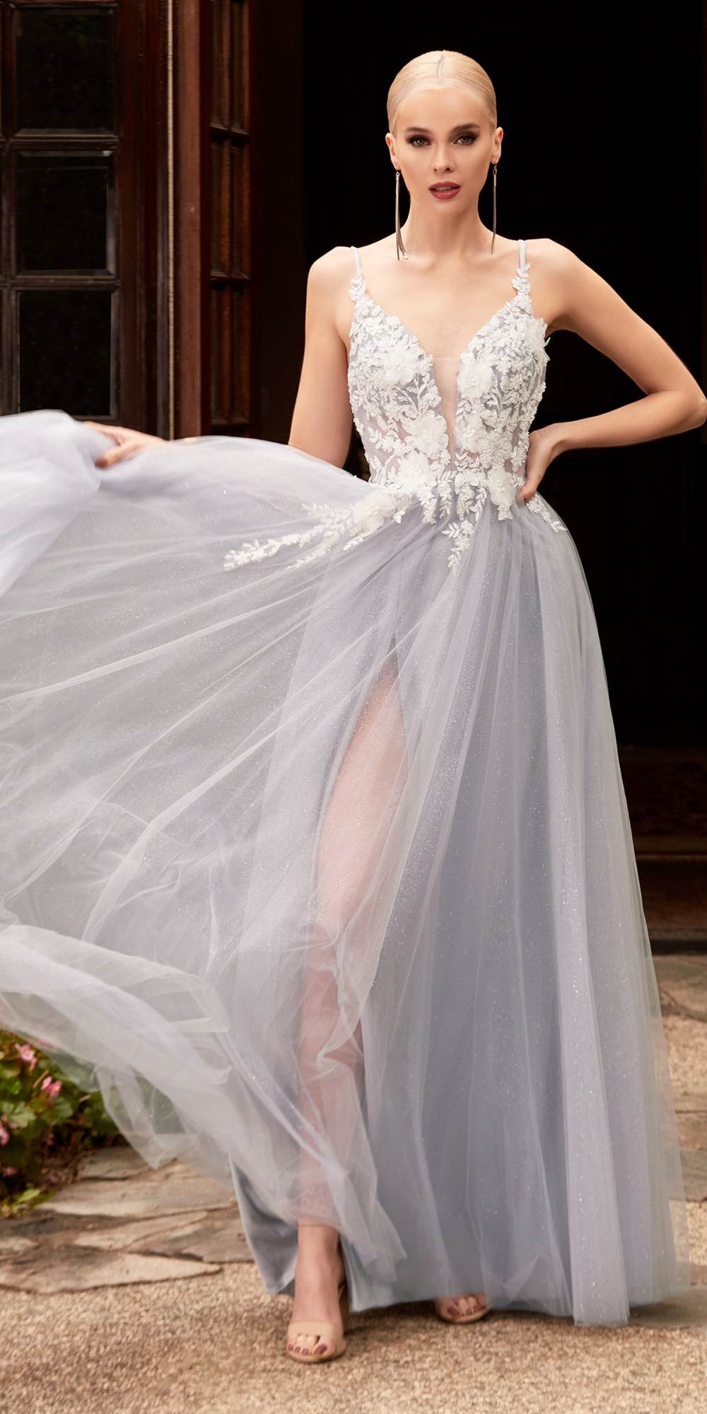 Cinderella Divine CB075 Long Floral A-Line Tulle Gown by DiscountDressShop