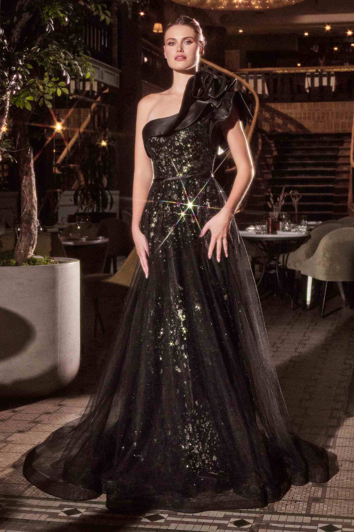 Ladivine CB157 Dress One Shoulder Black Ball Gown by DiscountDressShop