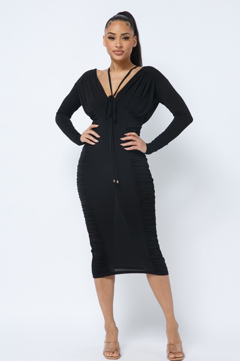 Long Sleeve Midi Dress With Low V Neck Front And Back With Ruching On Sides And Chest by It's a Girly Place