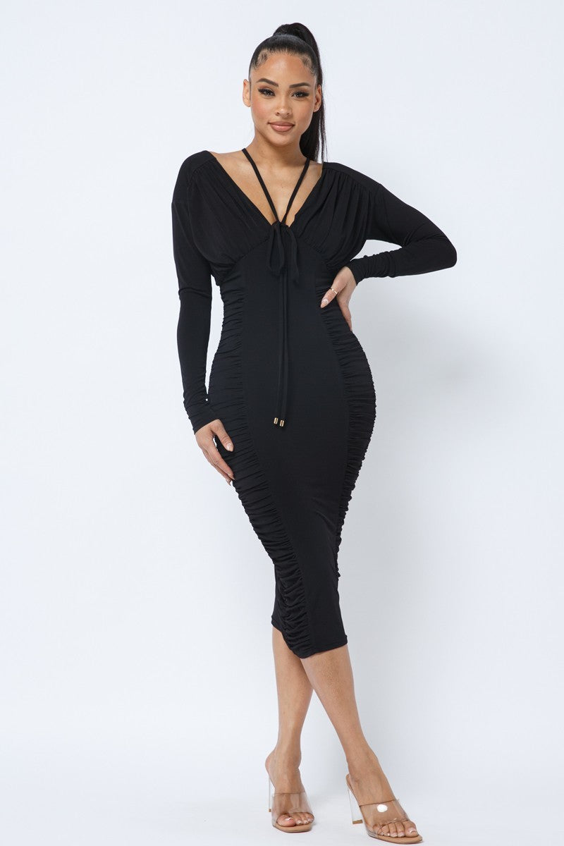 Long Sleeve Midi Dress With Low V Neck Front And Back With Ruching On Sides And Chest by It's a Girly Place