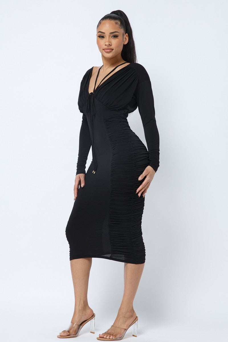 Long Sleeve Midi Dress With Low V Neck Front And Back With Ruching On Sides And Chest by It's a Girly Place