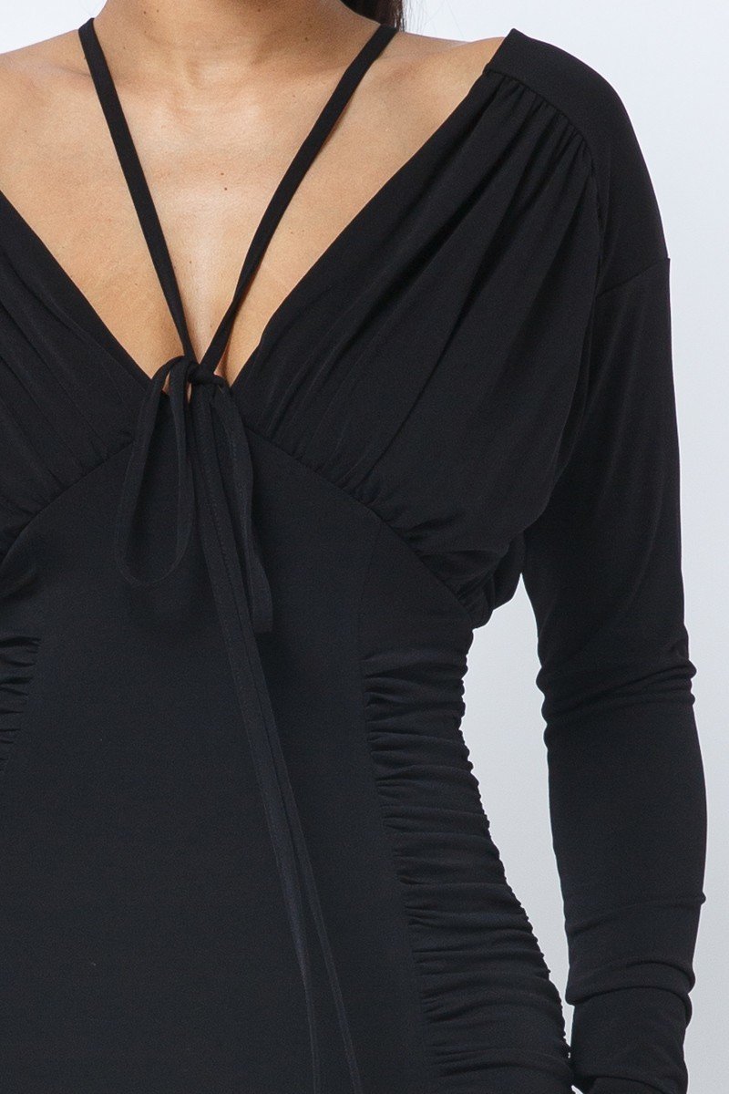 Long Sleeve Midi Dress With Low V Neck Front And Back With Ruching On Sides And Chest by It's a Girly Place