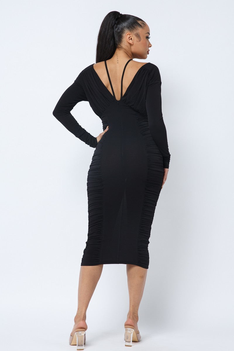 Long Sleeve Midi Dress With Low V Neck Front And Back With Ruching On Sides And Chest by It's a Girly Place