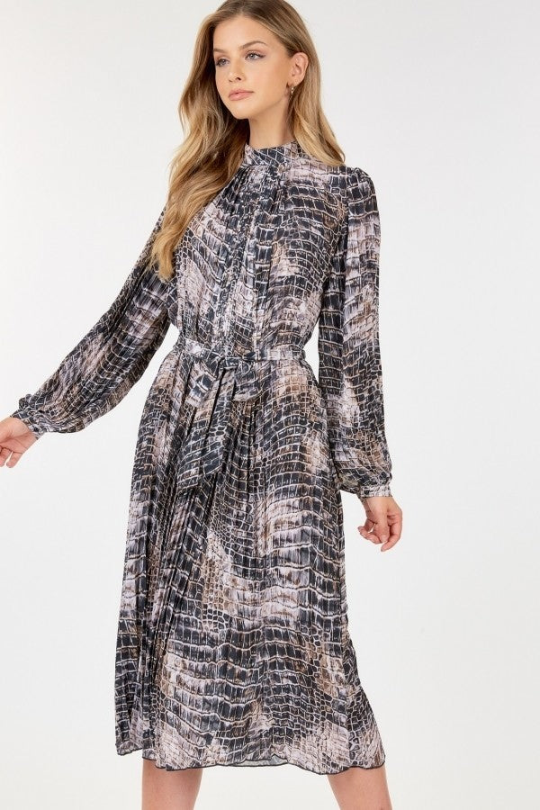 Long Sleeve Pleated Snake Skin Print Midi Dress by It's a Girly Place