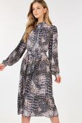 Long Sleeve Pleated Snake Skin Print Midi Dress by It's a Girly Place