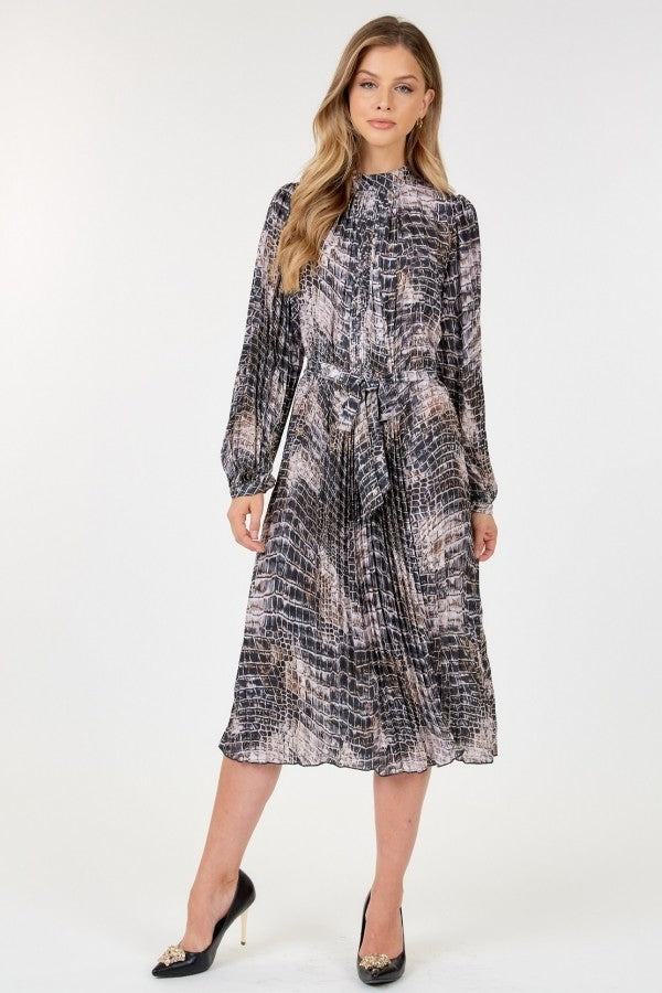 Long Sleeve Pleated Snake Skin Print Midi Dress by It's a Girly Place