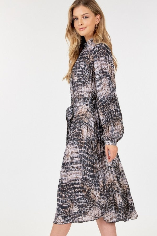 Long Sleeve Pleated Snake Skin Print Midi Dress by It's a Girly Place