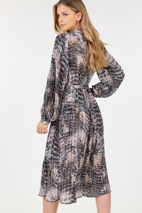 Long Sleeve Pleated Snake Skin Print Midi Dress by It's a Girly Place