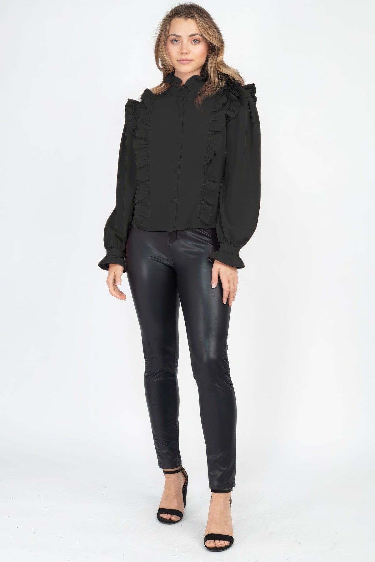 Mock Neck Ruffled Buttoned Top by It's a Girly Place