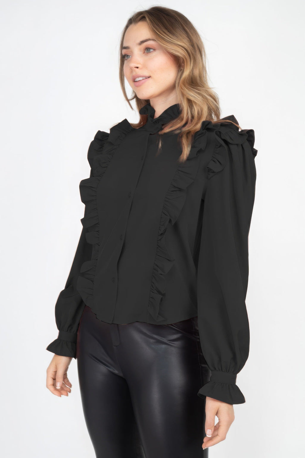 Mock Neck Ruffled Buttoned Top by It's a Girly Place