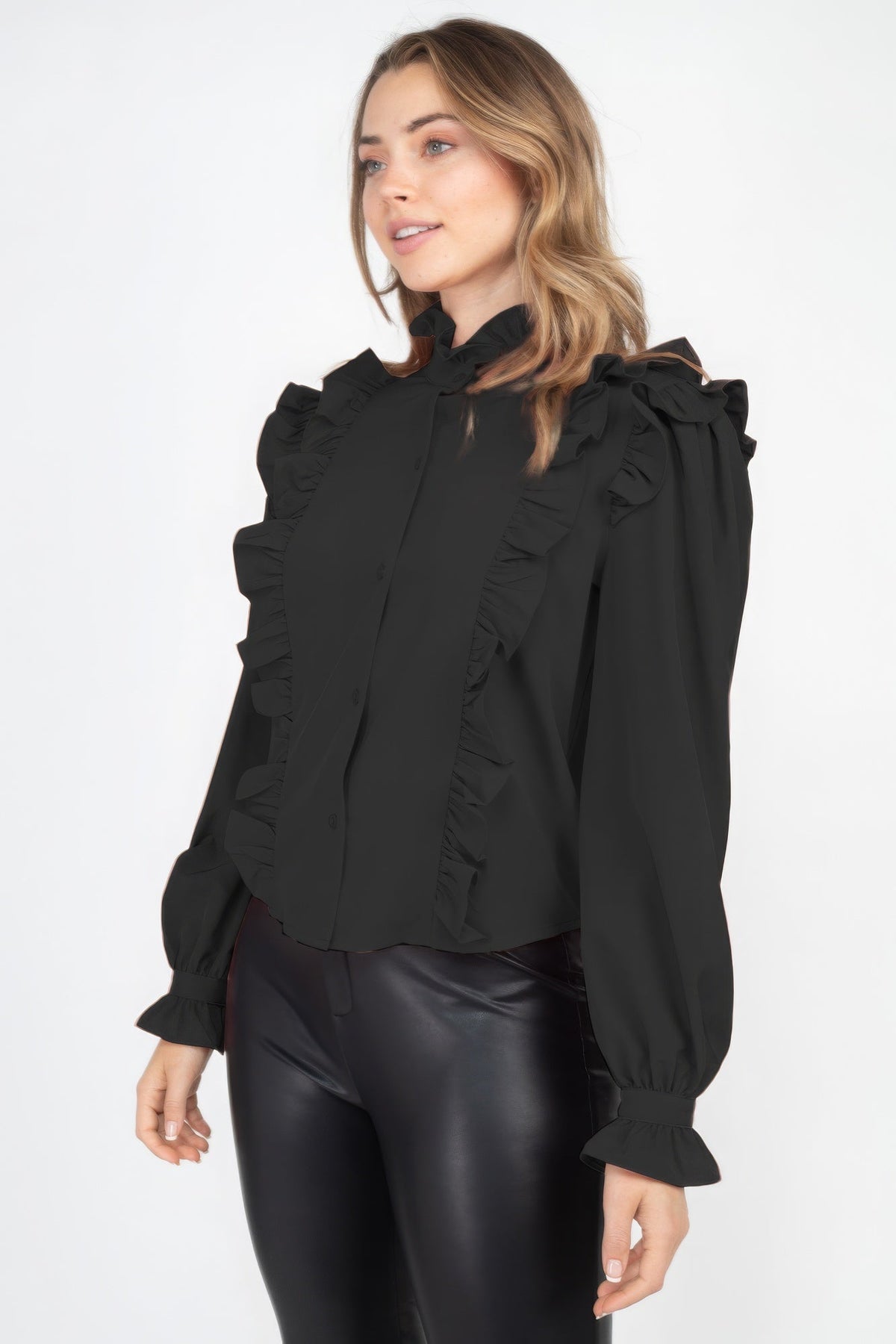 Mock Neck Ruffled Buttoned Top by It's a Girly Place