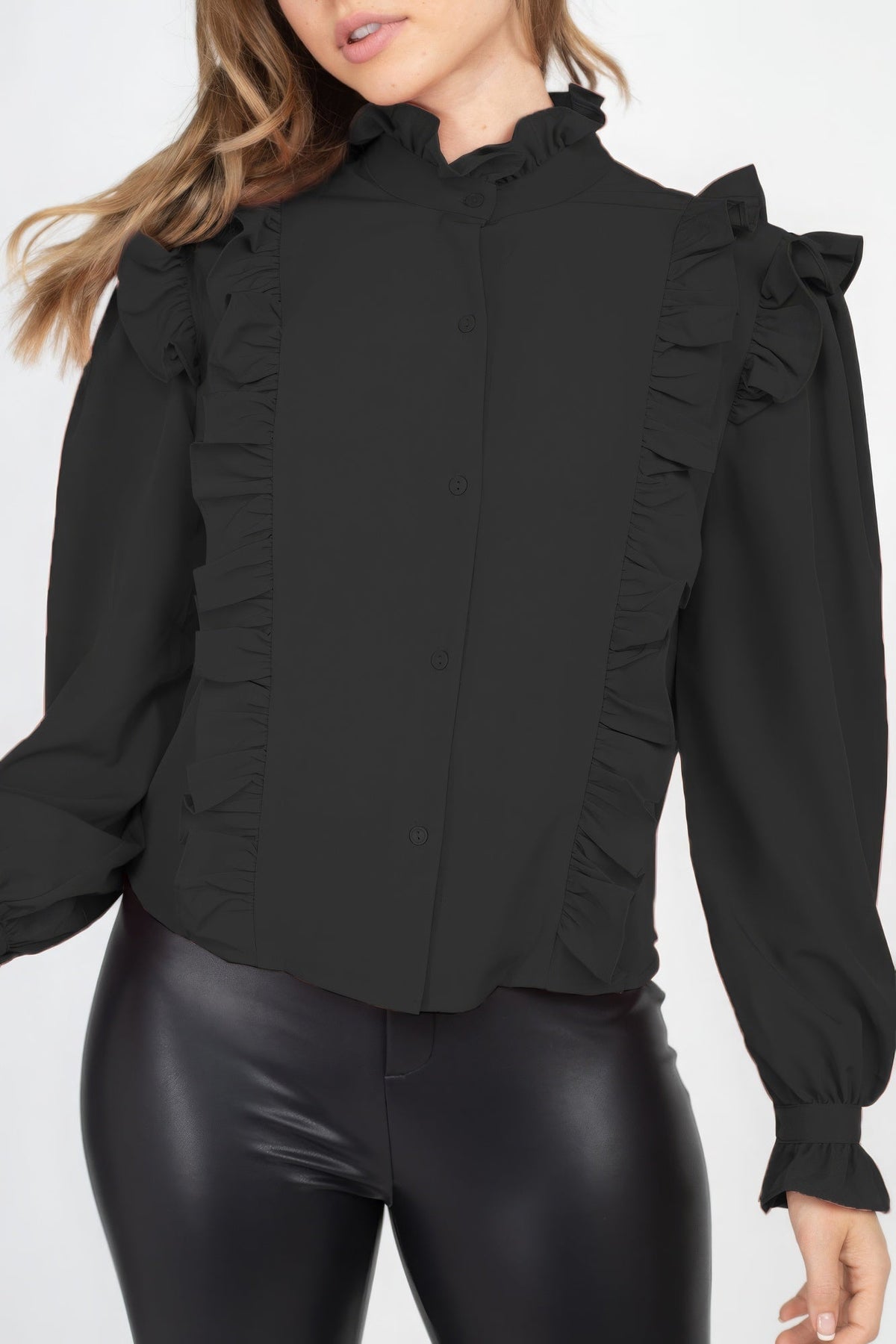 Mock Neck Ruffled Buttoned Top by It's a Girly Place