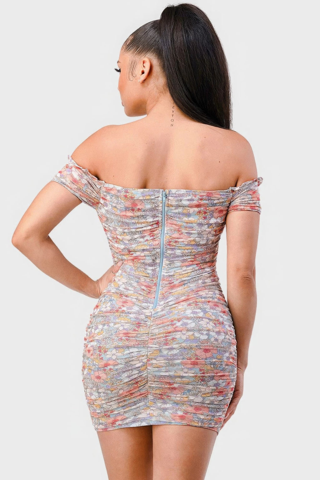 Floral Print Mesh Sweetheart Ruffled Off Shoulder Ruched Mini Dress by Selvanelle