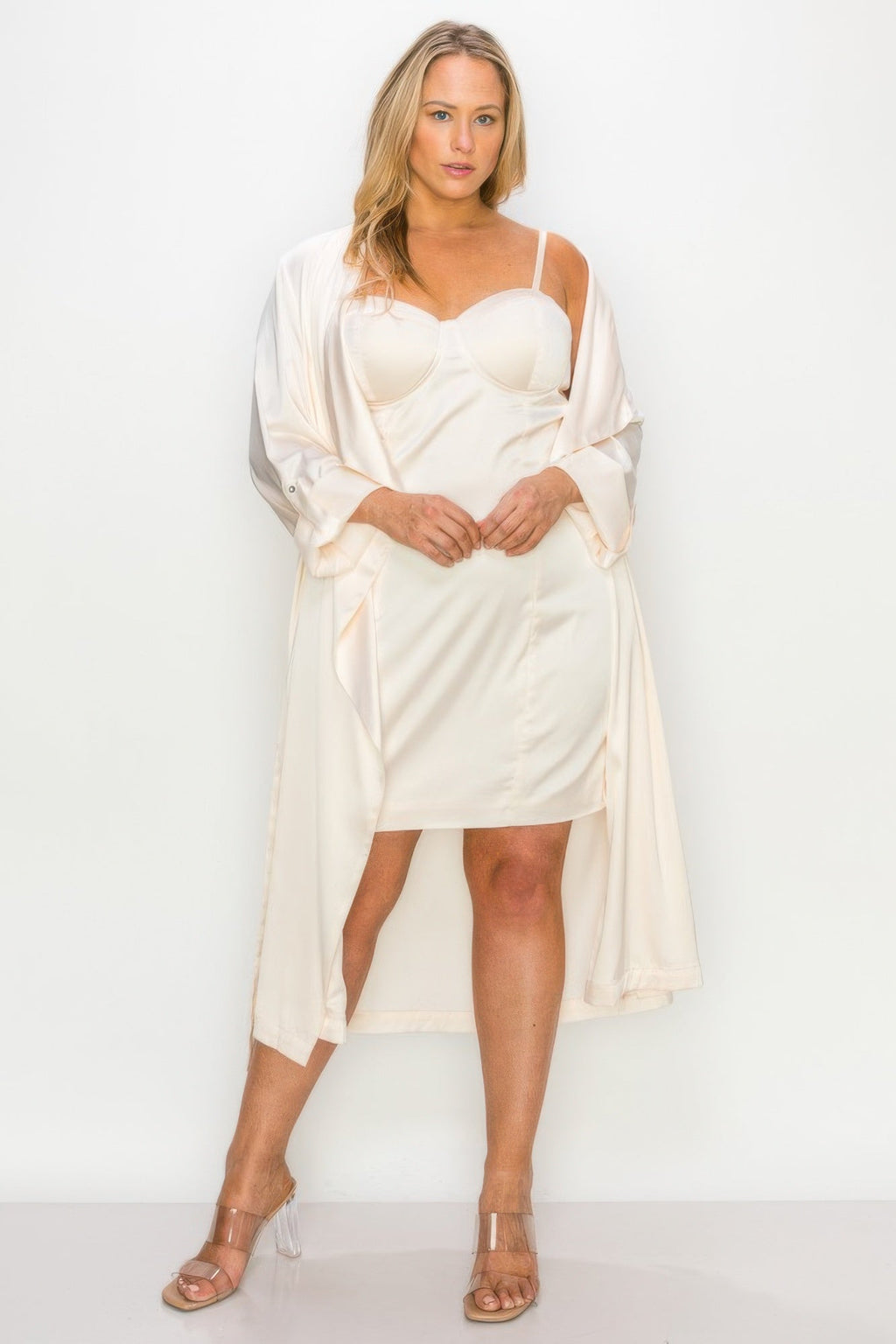 Satin Strap Dress With Self Belt Coat Set by It's a Girly Place