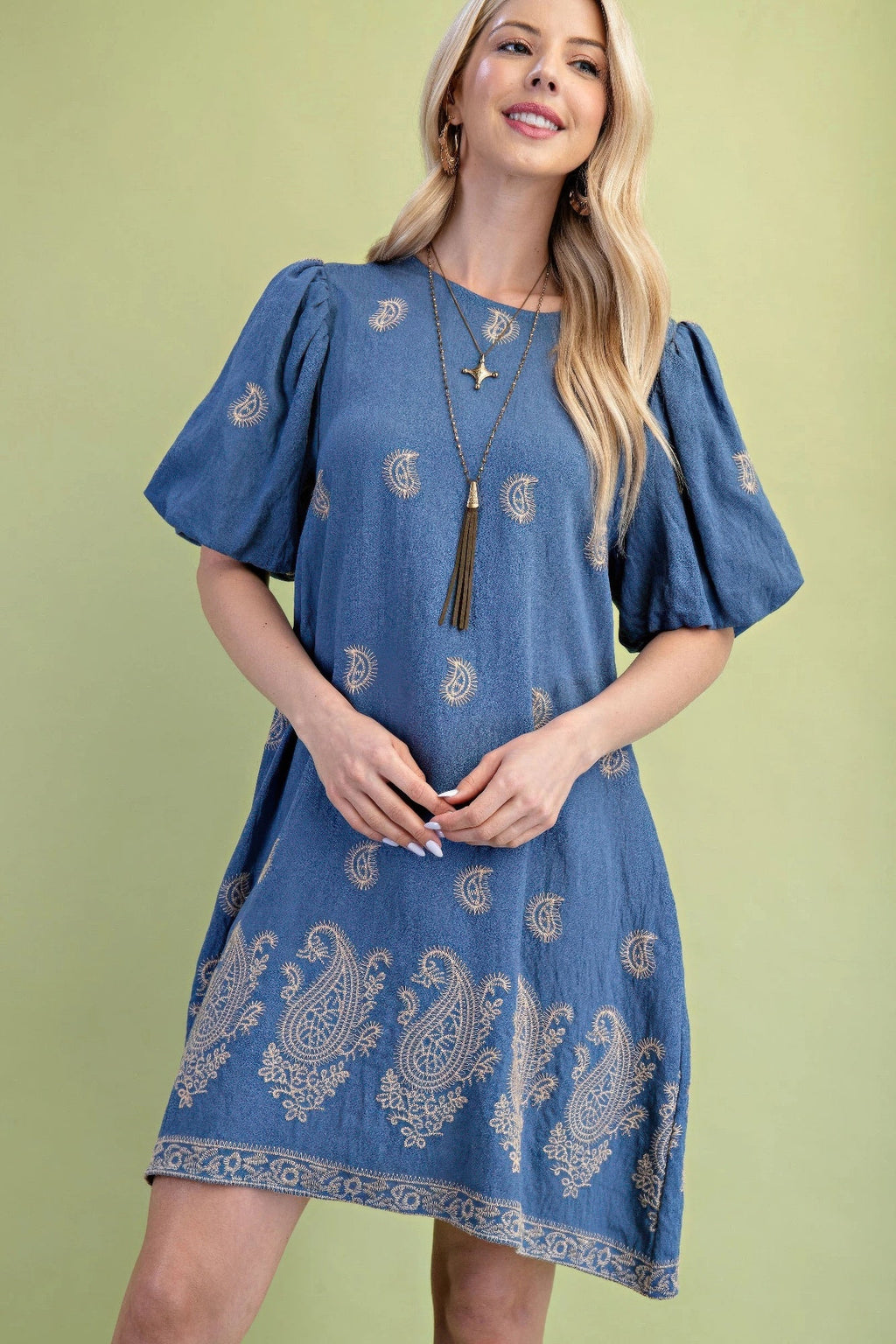 Paisley Embroidered Round Neck Mini Dress With Short Puff Sleeves by It's a Girly Place