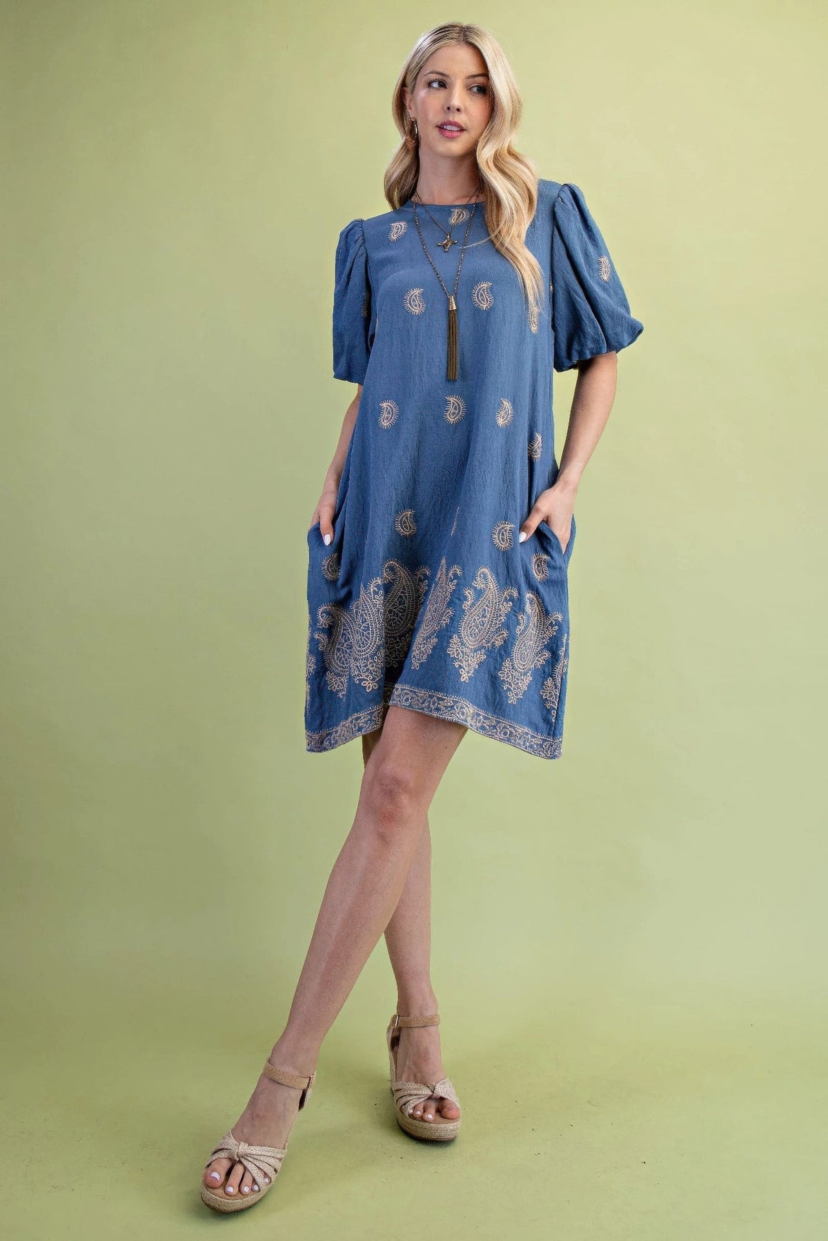 Paisley Embroidered Round Neck Mini Dress With Short Puff Sleeves by It's a Girly Place