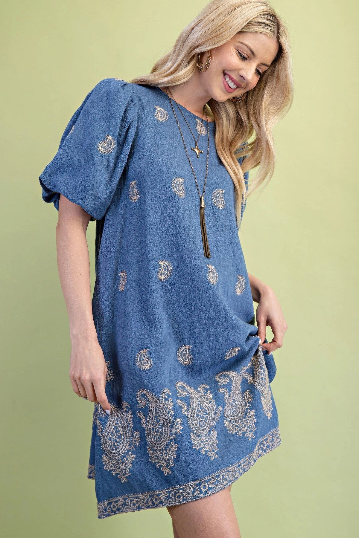 Paisley Embroidered Round Neck Mini Dress With Short Puff Sleeves by It's a Girly Place