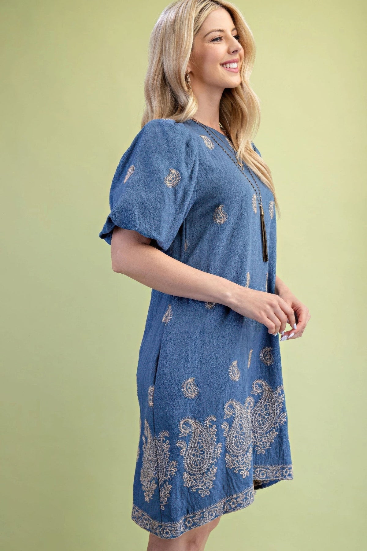 Paisley Embroidered Round Neck Mini Dress With Short Puff Sleeves by It's a Girly Place