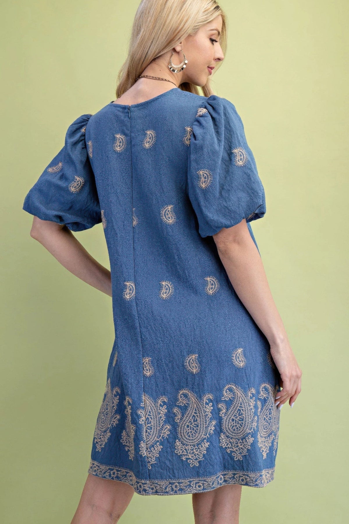 Paisley Embroidered Round Neck Mini Dress With Short Puff Sleeves by It's a Girly Place