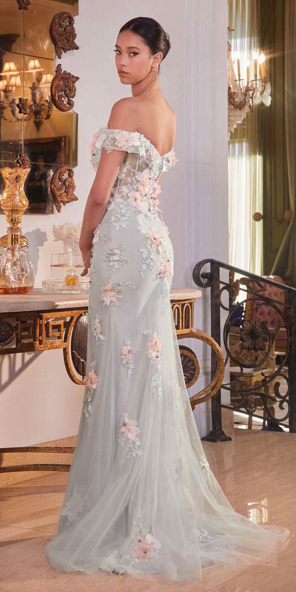 Ladivine CD005 Long Off the Shoulder Leg Slit Floral Applique Gown by DiscountDressShop