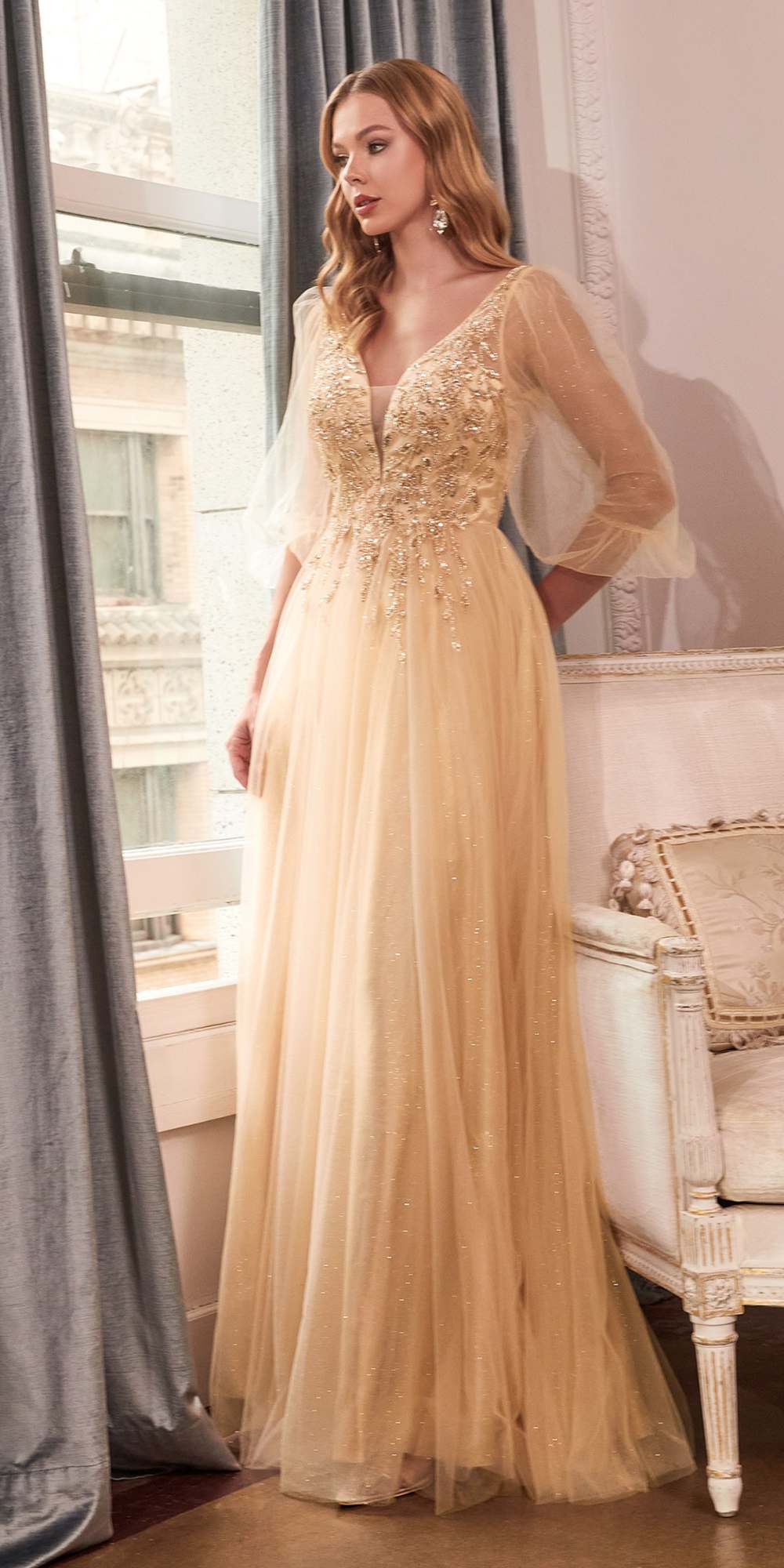 Cinderella Divine CD0182 Glitter Tulle A-Line Formal Dress by DiscountDressShop