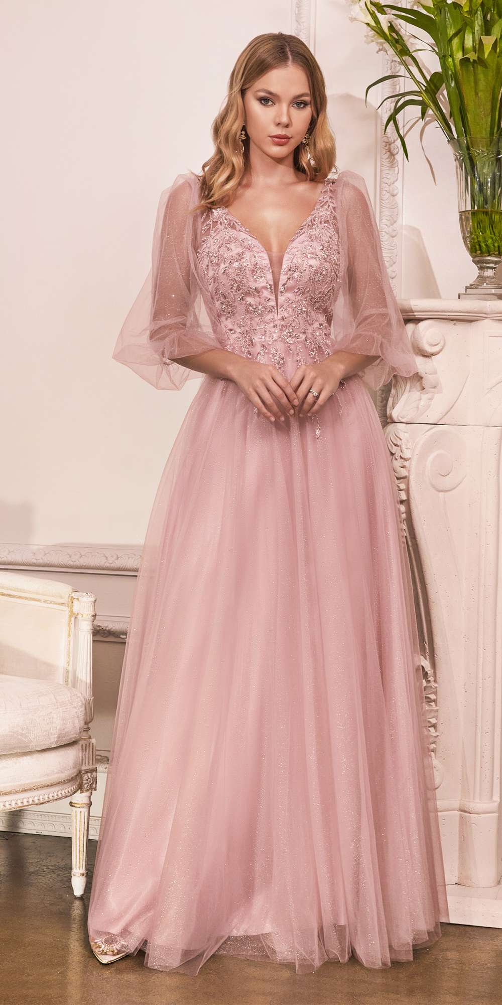 Cinderella Divine CD0182 Glitter Tulle A-Line Formal Dress by DiscountDressShop