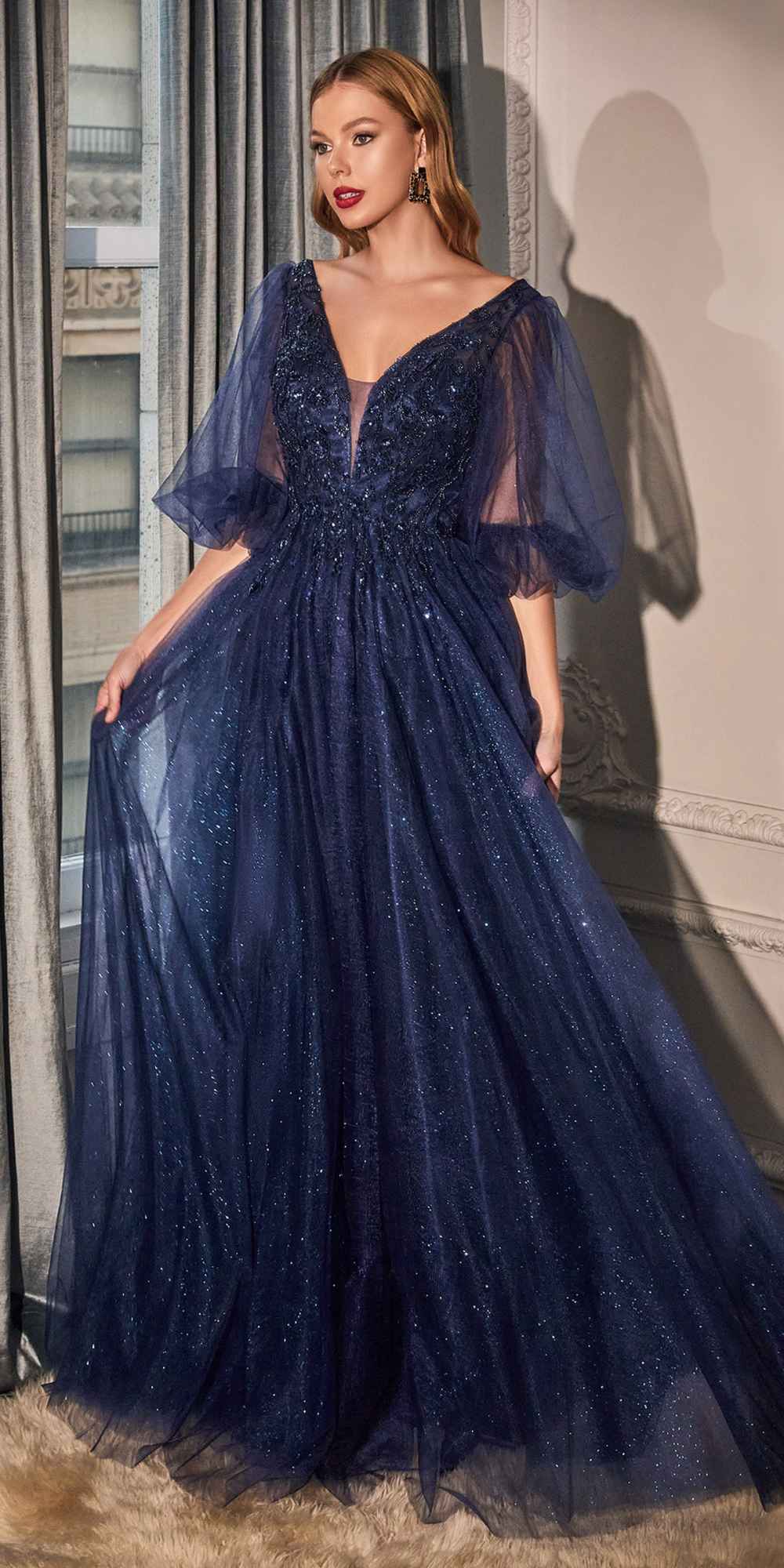 Cinderella Divine CD0182 Glitter Tulle A-Line Formal Dress by DiscountDressShop