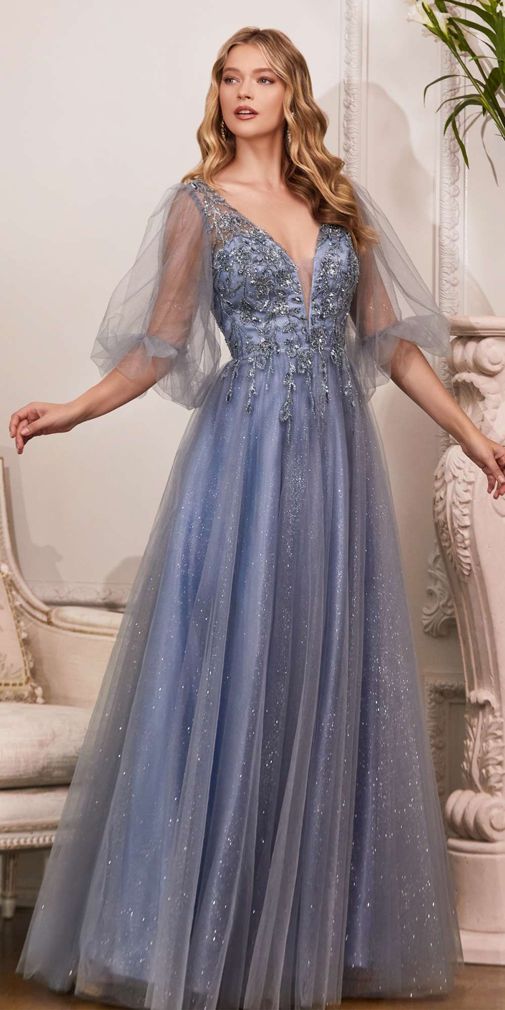 Cinderella Divine CD0182 Glitter Tulle A-Line Formal Dress by DiscountDressShop