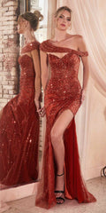 Ladivine CD0218 Long Strapless Sequin Gown Slit With Removable Sash by DiscountDressShop