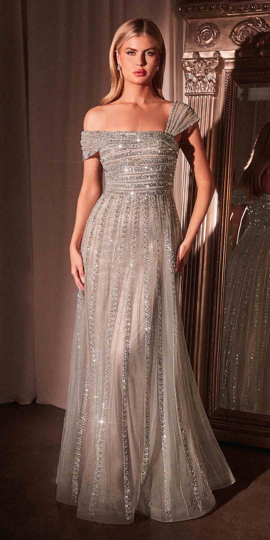Ladivine CD0238 Asymmetrical Off The Shoulder A-Line Beaded Gown by DiscountDressShop